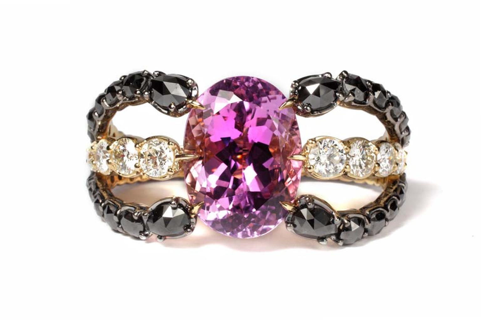 Ara Vartanian "Octopus" kunzite ring in yellow gold with black and white diamonds.