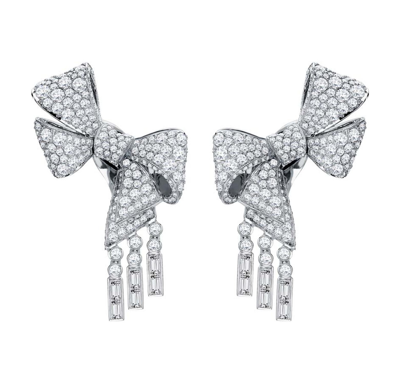 Garrard white gold ear climbers set with round and baguette cut diamonds, from the new Bow Collection.