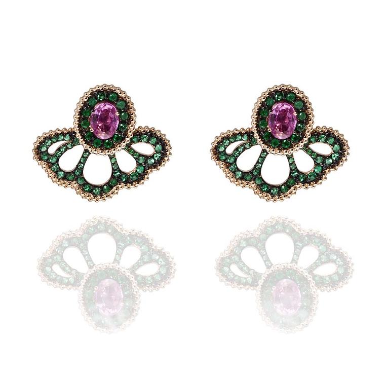 Carla Amorim ear jackets in rose gold with emeralds and rose tourmalines.