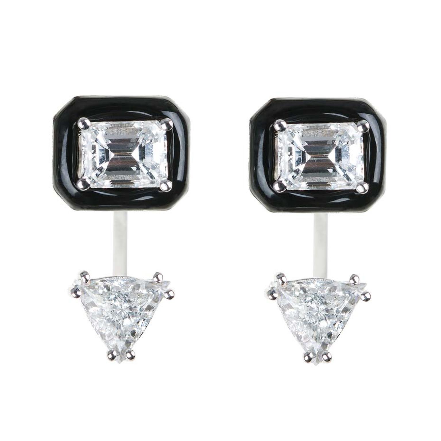 Nikos Koulis earrings featuring an emerald-cut diamond surrounded by black enamel with triangle-cut drop diamonds.