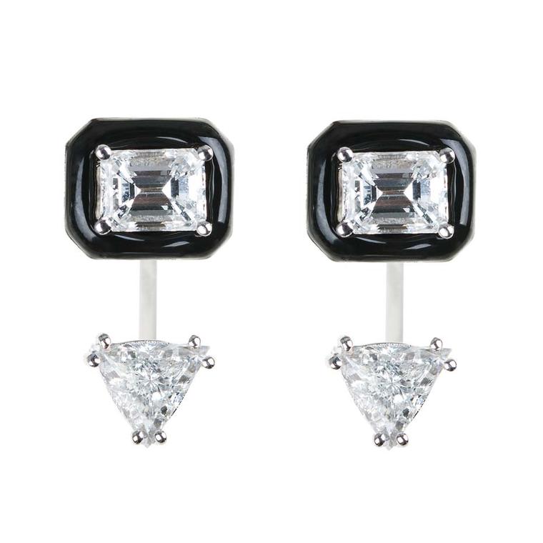 Nikos Koulis earrings featuring an emerald-cut diamond surrounded by black enamel with triangle-cut drop diamonds.