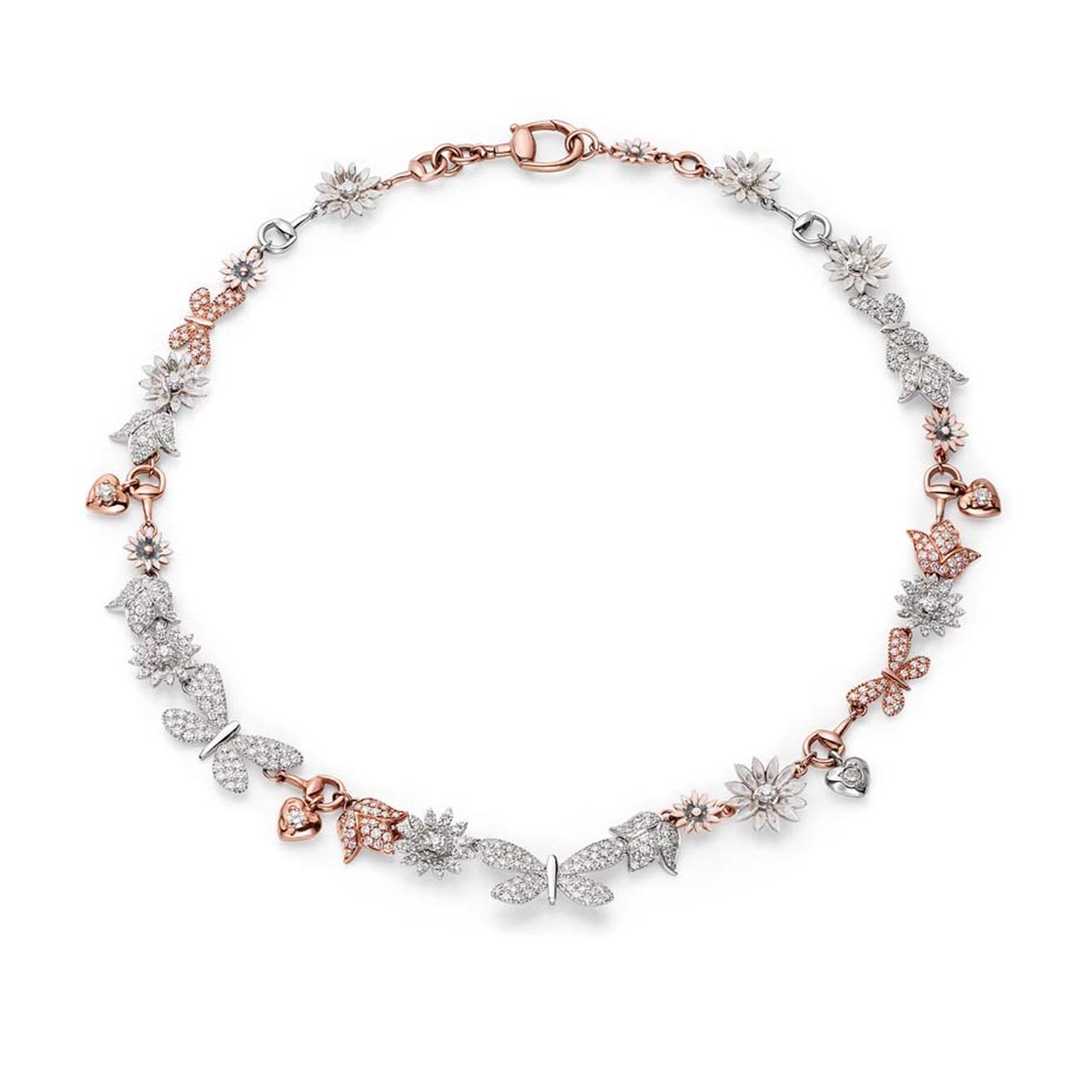 Limited-edition Gucci necklace from the new Flora collection, set with 512ct of diamonds shaped into flowers, butterflies and hearts on white and rose gold.
