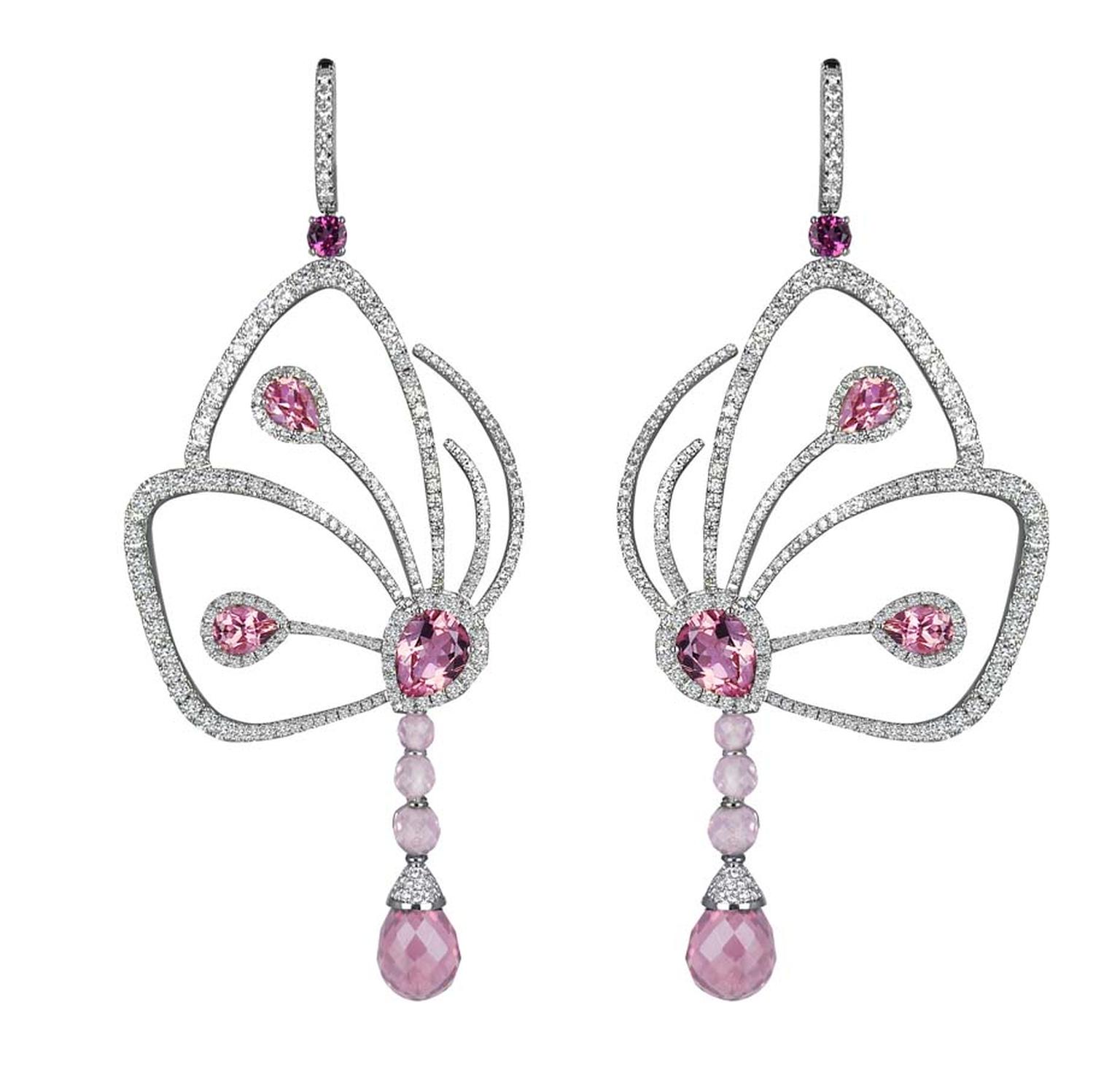 Jacob & Co. Butterfly earrings from the Papillon collection in white gold, set with pink tourmalines and diamonds.