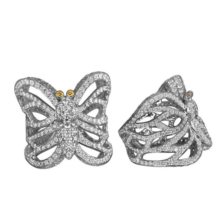 Jacob & Co. Papillon pavé diamond rings in white gold with yellow diamond antennae.