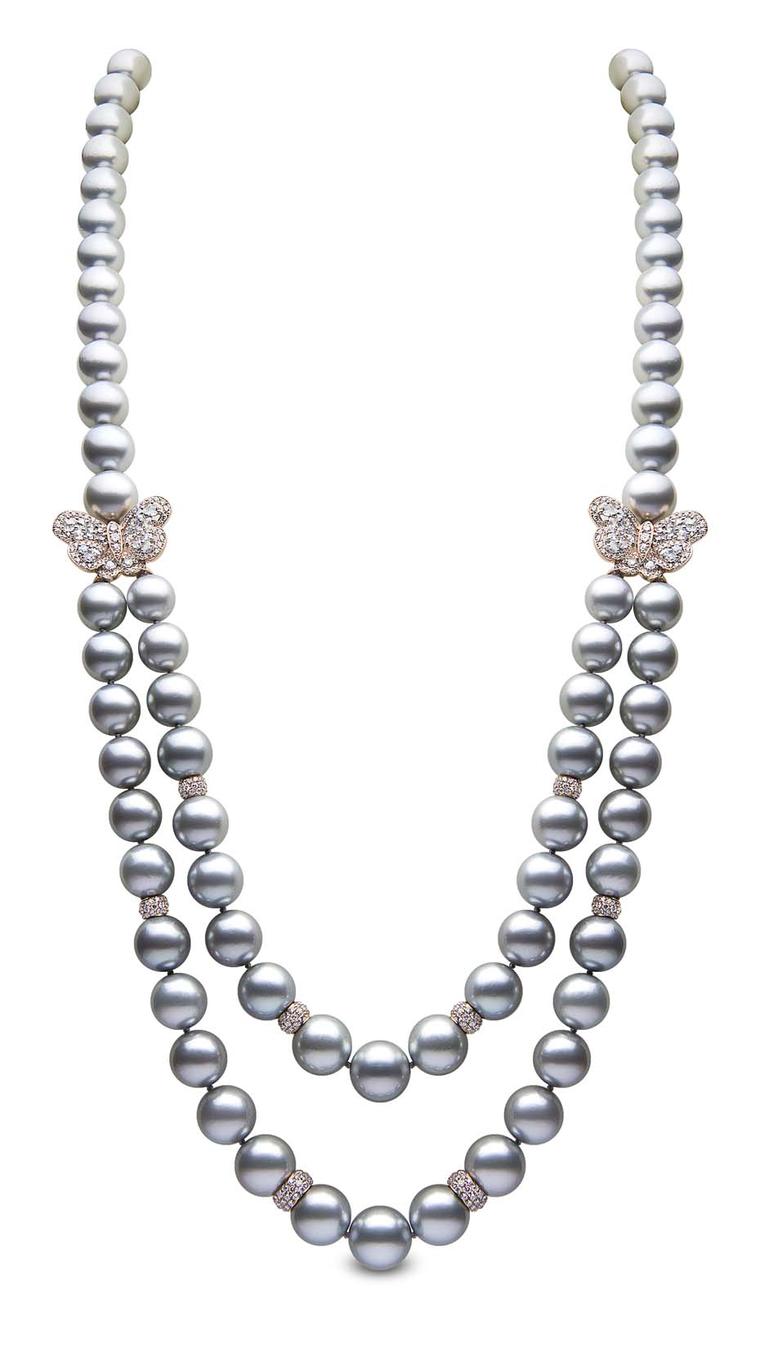 YOKO London double strand pearl necklace in rose gold, set with Tahitian pearls and diamond butterflies.