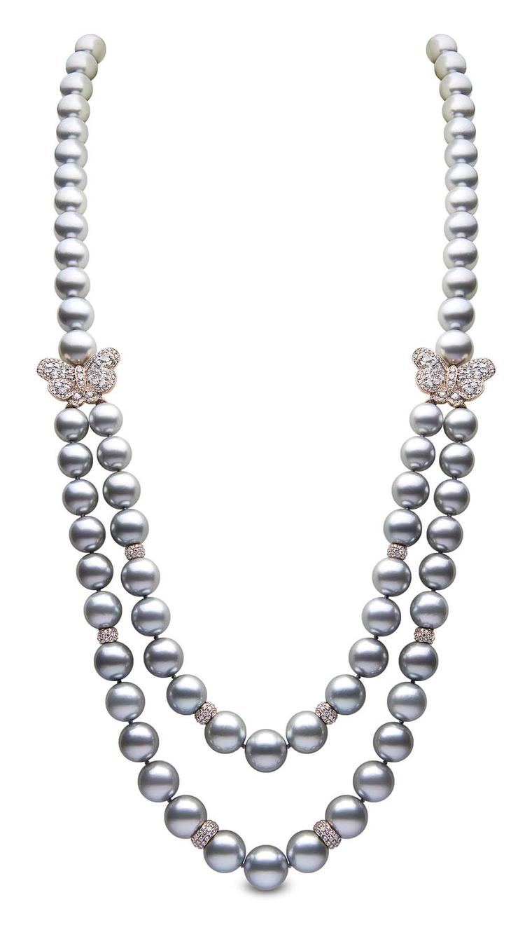 YOKO London double strand pearl necklace in rose gold, set with Tahitian pearls and diamond butterflies.