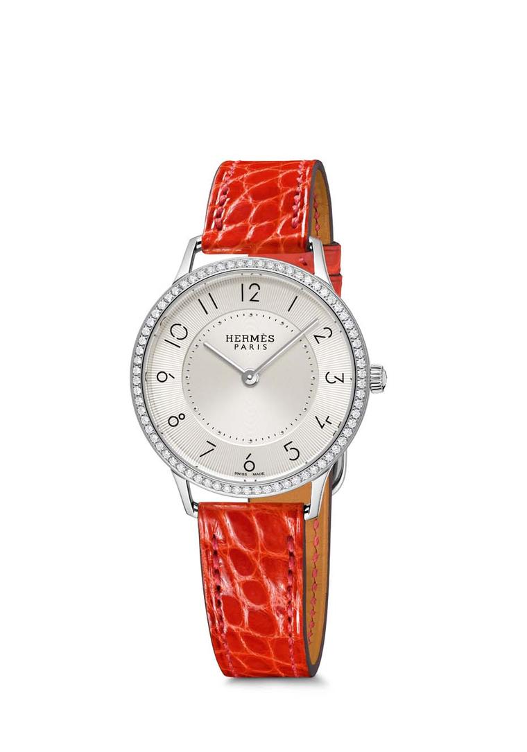Slim d'Hermès watch in a 32mm stainless steel case with a diamond-set bezel and Swiss quartz movement.