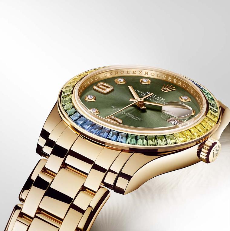 The Rolex Pearlmaster watch has graduated from its original vocation as a 34mm high jewellery ladies' watch and is now presented in a 39mm case, occupying a new domain left ambiguously and deliberately open for both sexes, with dials and sapphire-set beze