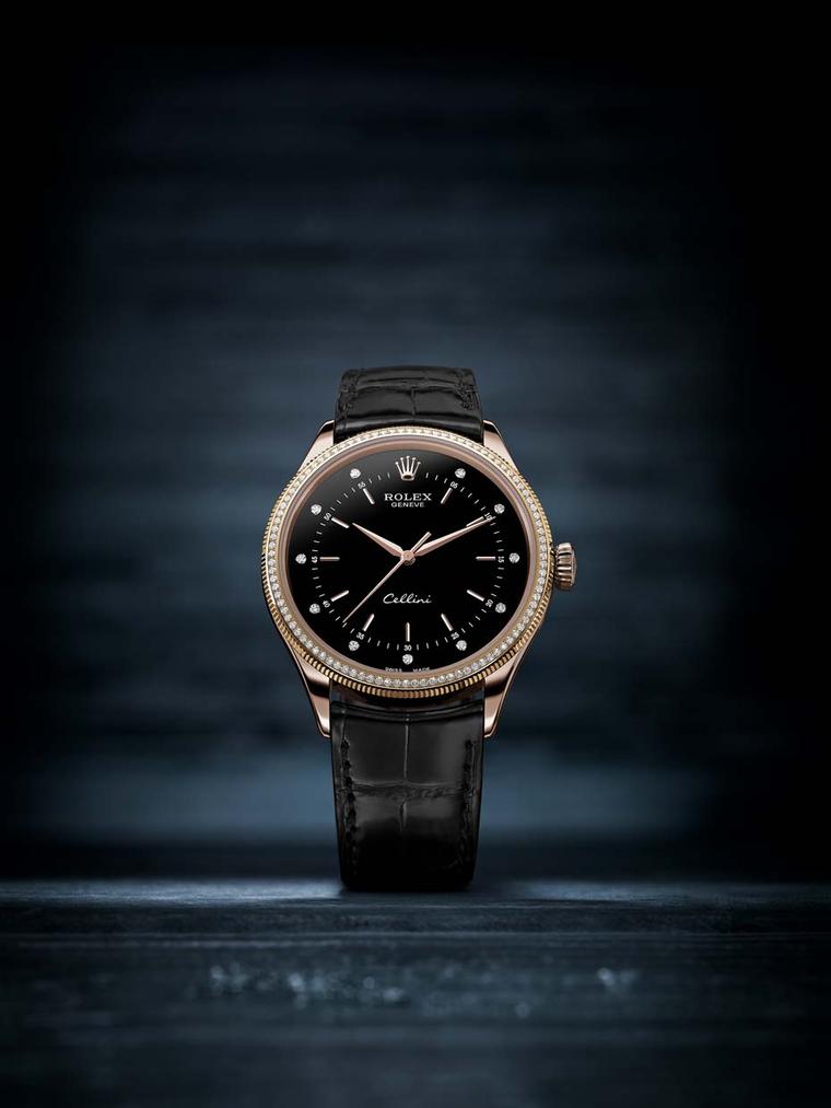 Rolex watches presents the Diamond Edition Cellini Time collection for 2015 enhanced with diamonds on the bezel. Models with black lacquered dials also feature diamonds on the dial. Pictured here is the Everose gold 39mm model (ref. 50605 RBR) with a doub