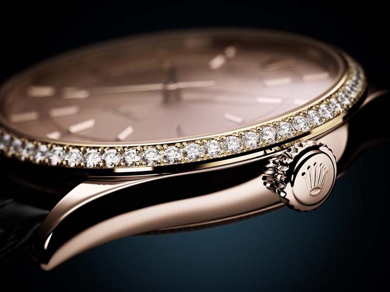 Rolex Cellini Time watch in a 39mm Everose gold case, bezel set with 62 diamonds and a pink sunray finish dial (ref. 50705 RBR).