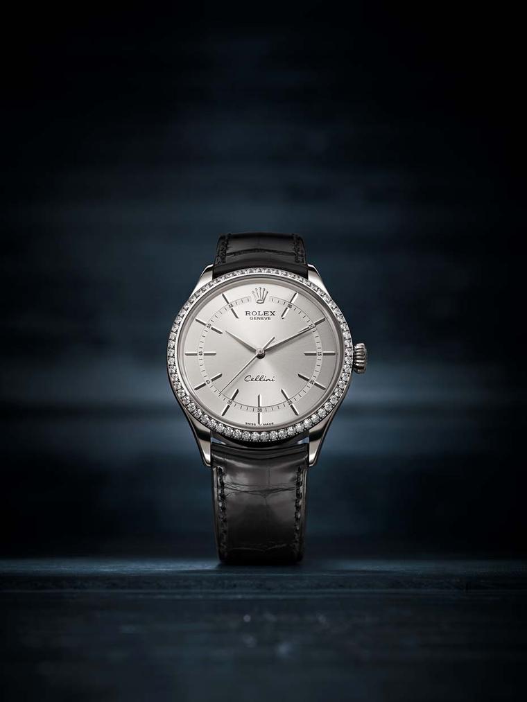 Rolex Cellini Time watch in a 39mm white gold case with a rhodium sunray finish dial, 62 diamonds on the bezel, elegant elongated indices, and white gold sword-shaped hands (ref. 50709 RBR).