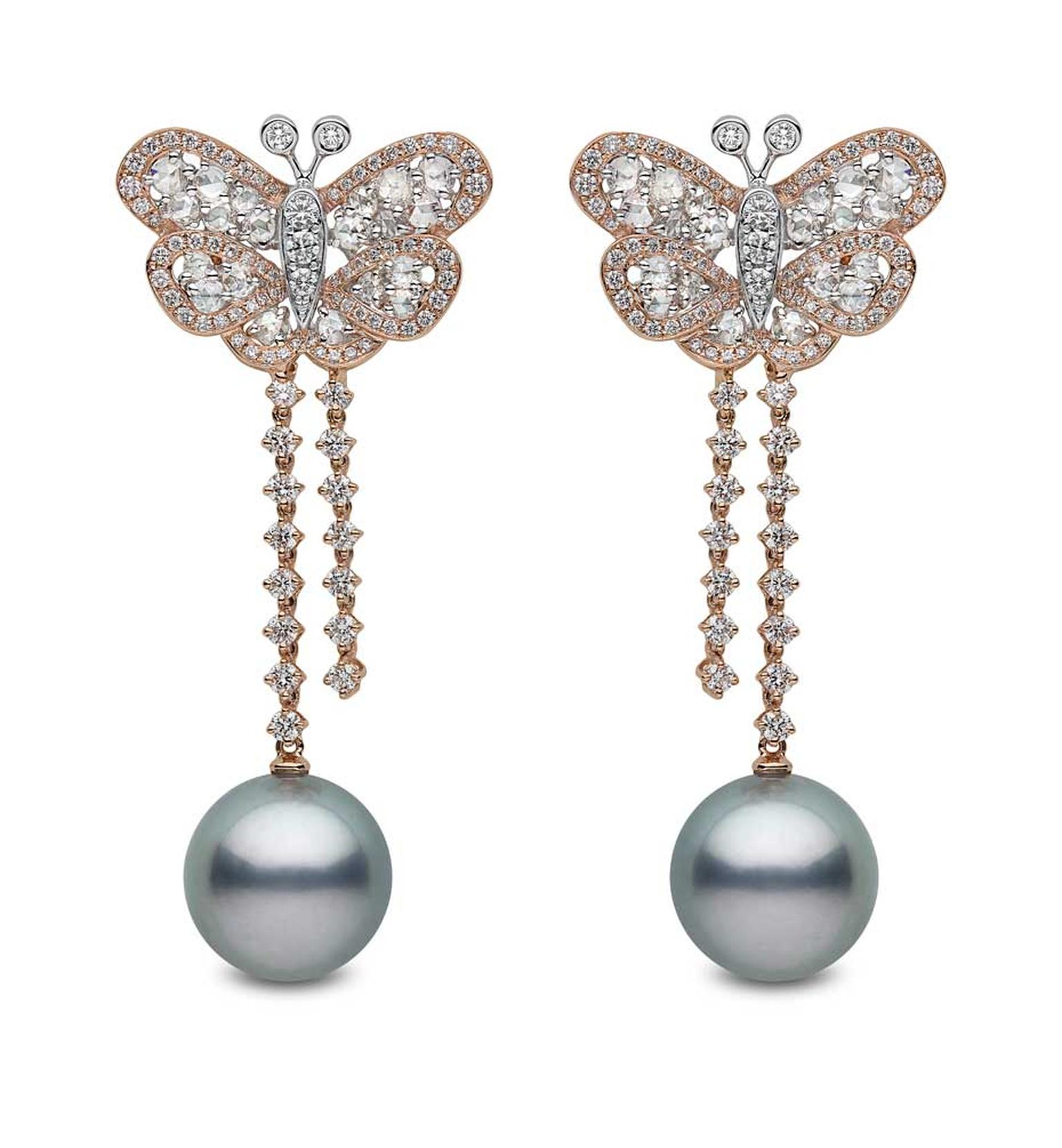 YOKO London pearl earrings in rose gold with diamonds, set with 14-15mm Tahitian pearls.