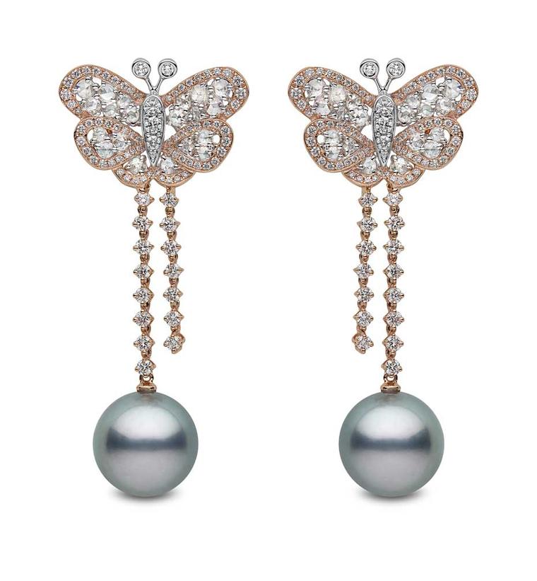 YOKO London pearl earrings in rose gold with diamonds, set with 14-15mm Tahitian pearls.