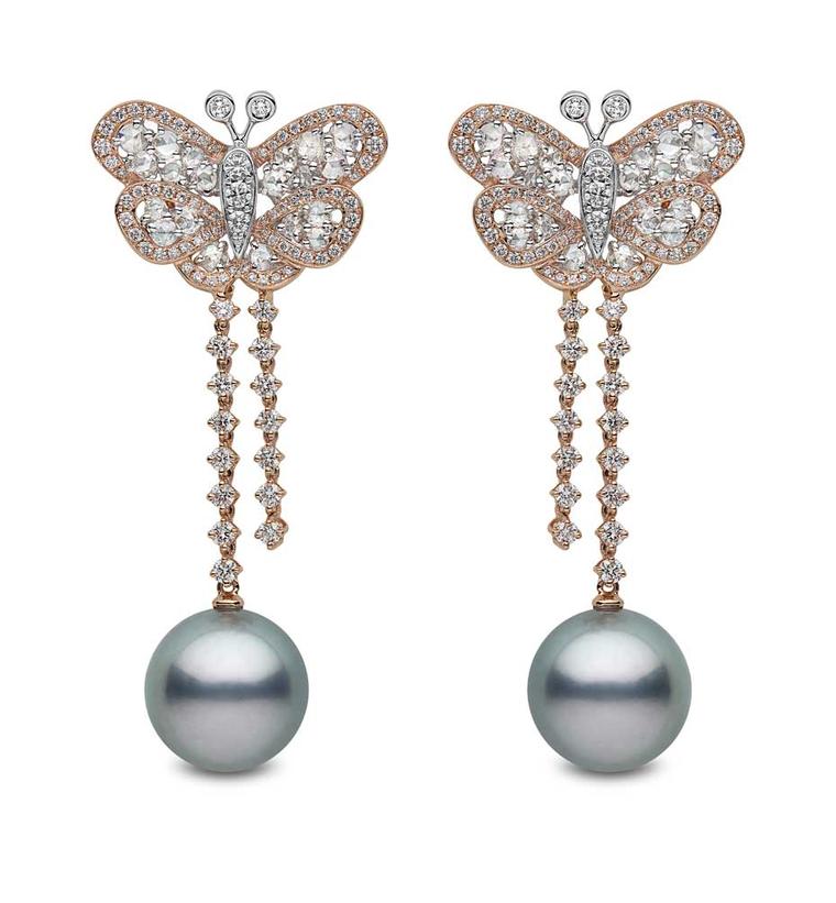 YOKO London pearl earrings in rose gold with diamonds, set with 14-15mm Tahitian pearls.