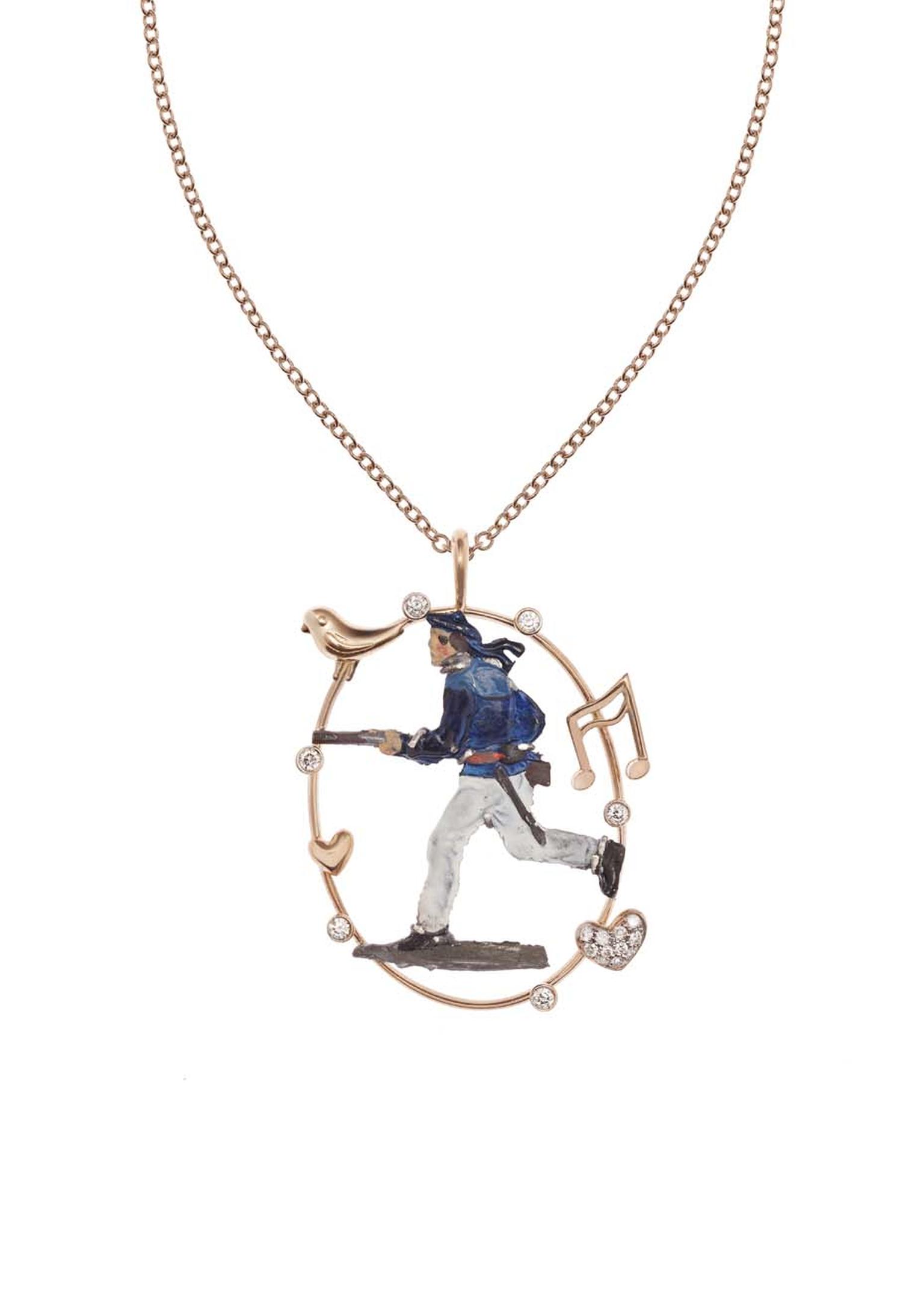 Francesca Villa rose gold antique toy soldier necklace measuring 50cm, set with 0.20ct of diamonds (£1,249).