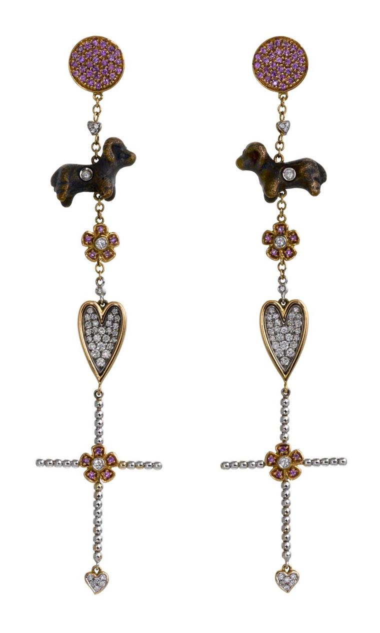 Francesca Villa rose gold "My Little Lamb" drop earrings set with diamonds and pink sapphires (£3,500).
