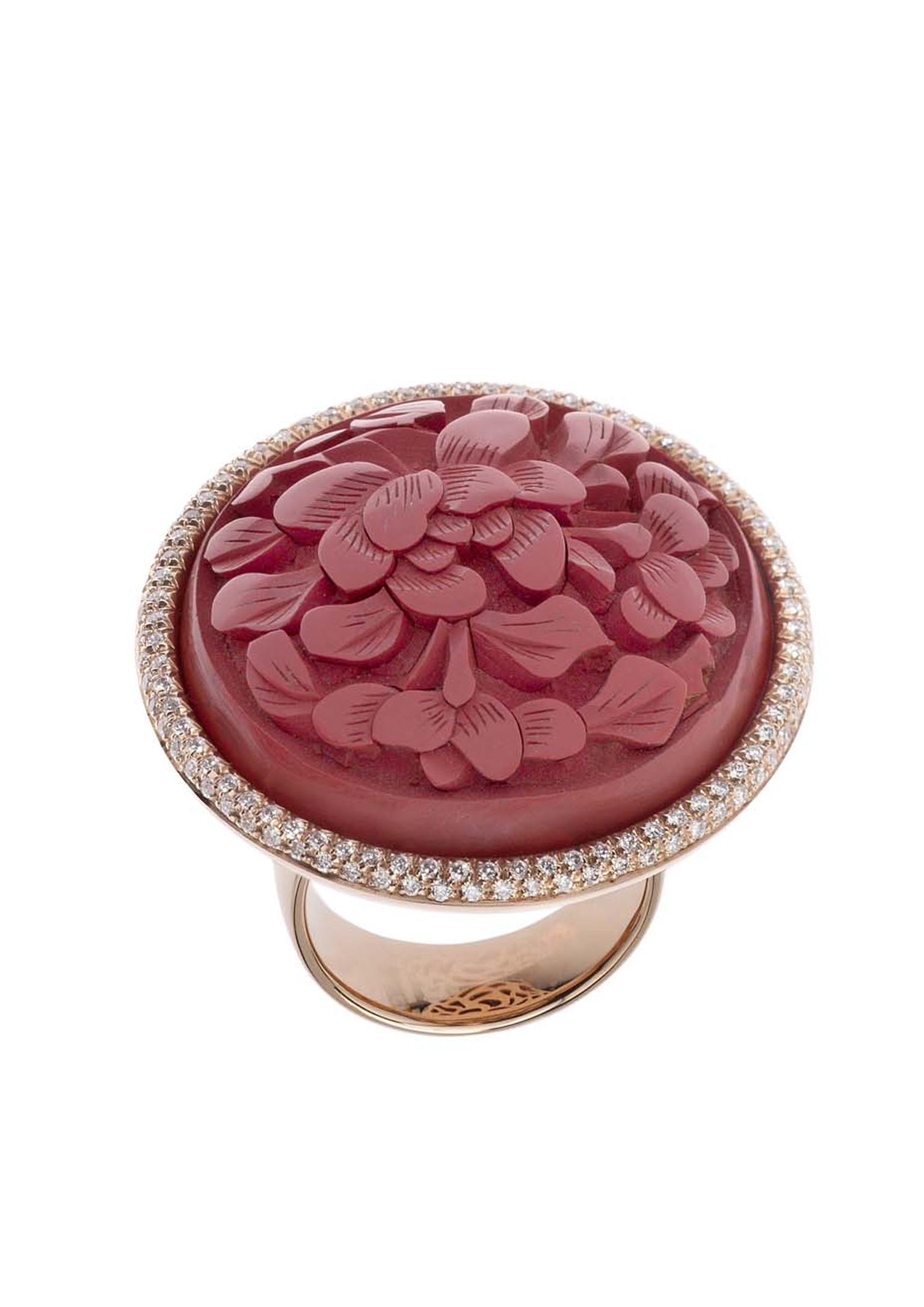 Francesca Villa rose gold and diamond button ring decorated with antique Chinese red laque (£3,949).