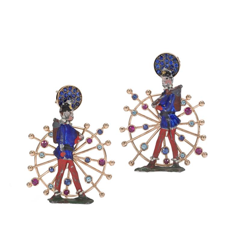 Rose gold antique toy soldier earrings, set with rubies, blue sapphires and blue topaz, from Francesca Villa jewellery (£2,499).