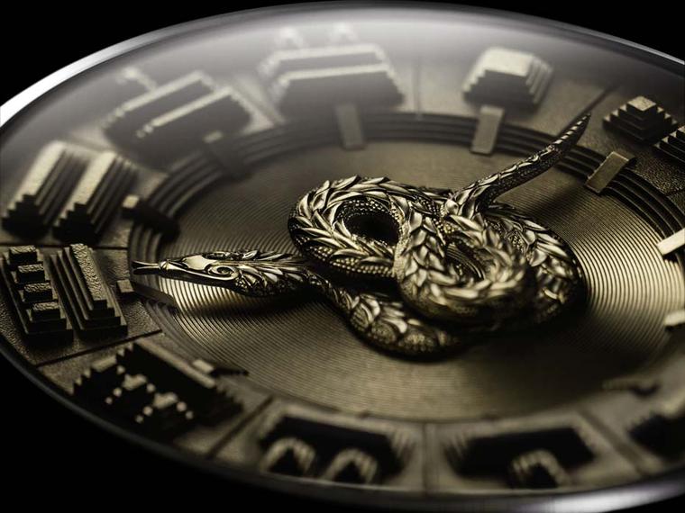De Bethune watches DB25 Quetzlacoatl features a plumed serpent representing the Mexican deity Quetzalcoatl in the centre of the dial. The gold serpent indicates the hours with its head and the minutes with its tail.