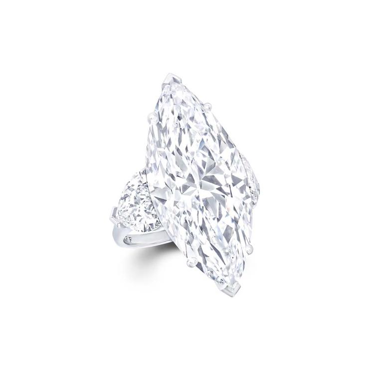 Magnificent Graff 23.20ct internally flawless marquise diamond engagement ring with heart shape diamond shoulders.