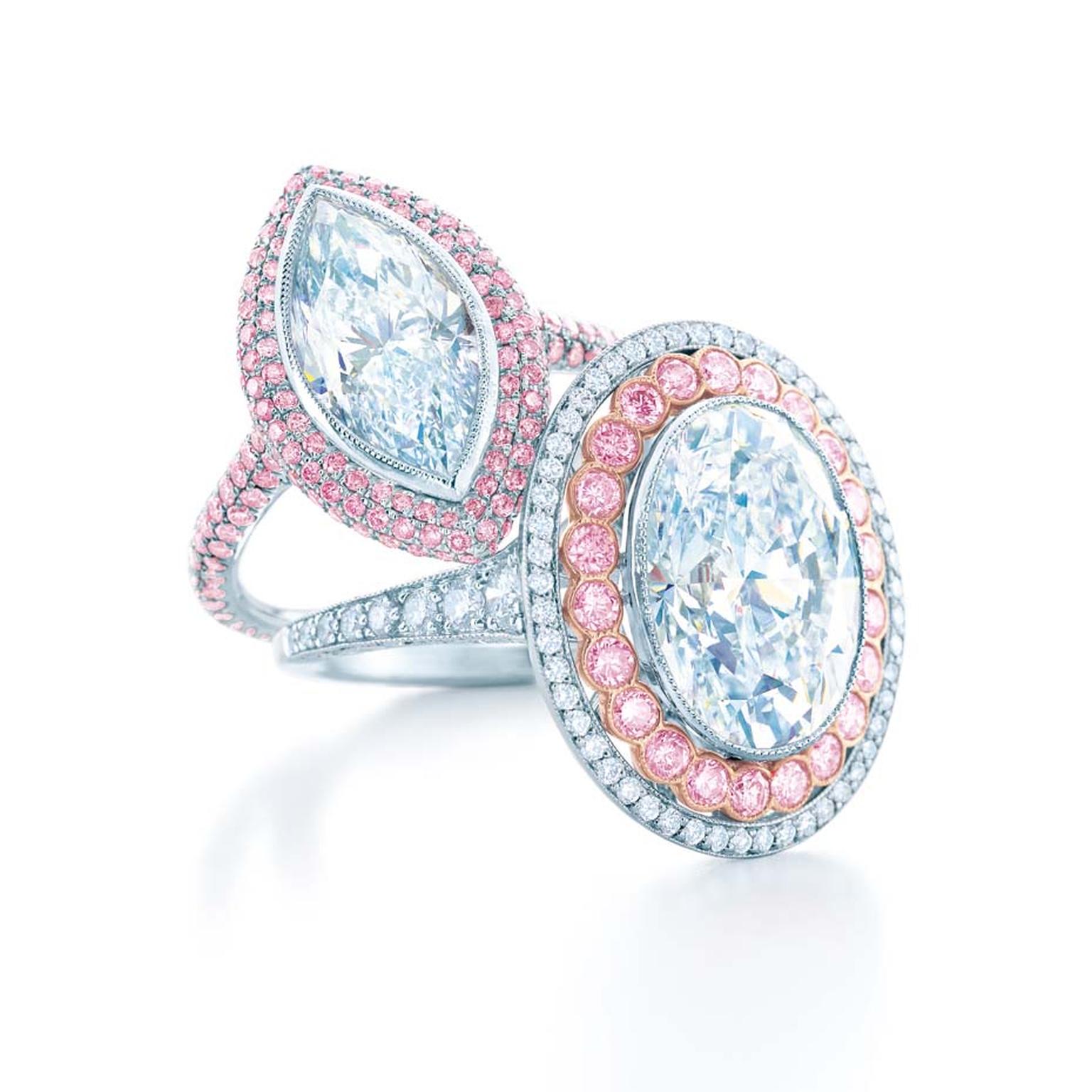 Tiffany and Co. 2014 Blue Book diamond rings. The ring on the left in platinum is set with a 3.04ct internally flawless marquise diamond and pink diamonds; the ring on the right in platinum and rose gold with a 6.00ct oval diamond with pink and white diam