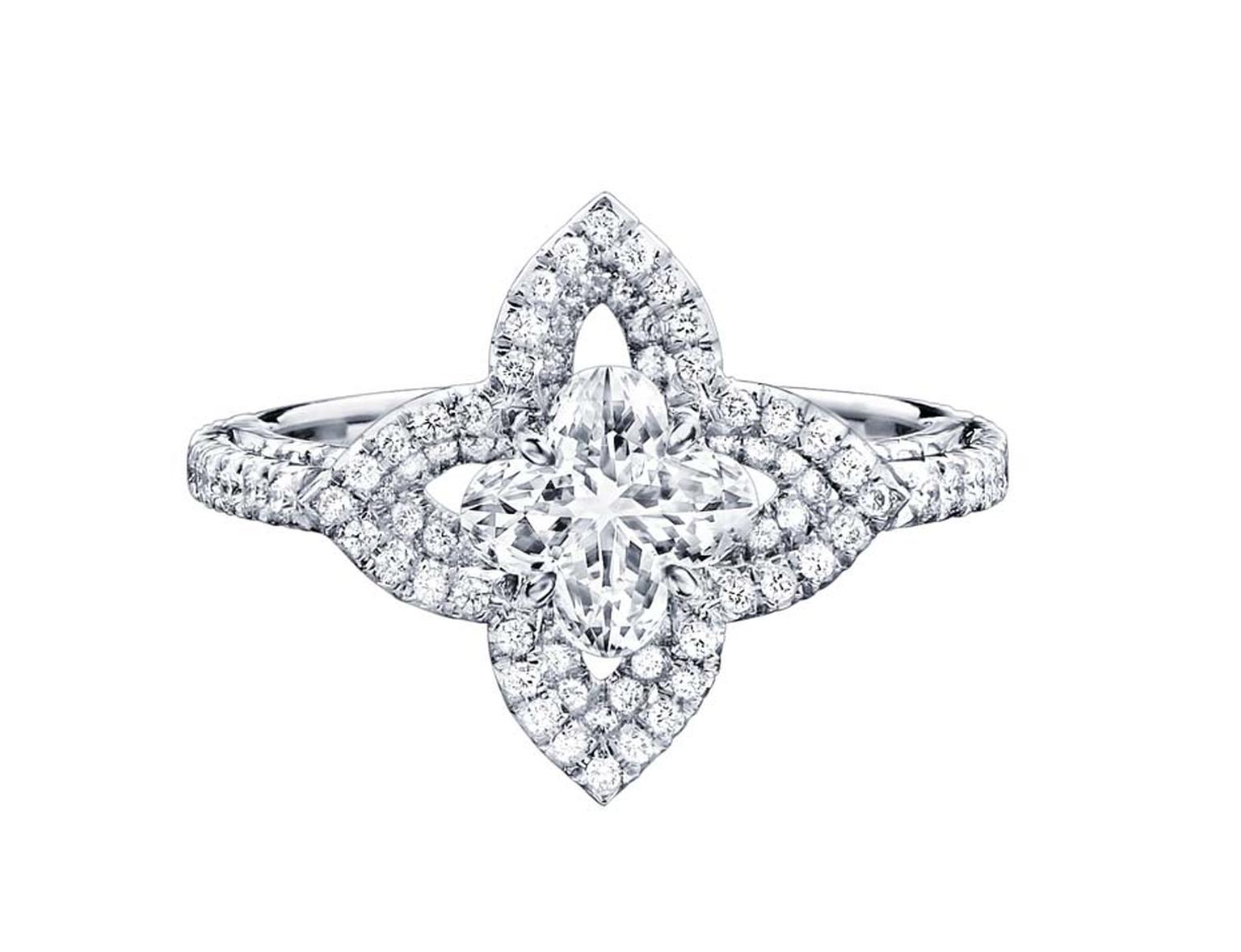 Solitaire diamond ring from the Monogram Fusion collection, set with a patented Louis Vuitton flower-cut diamond at the centre.