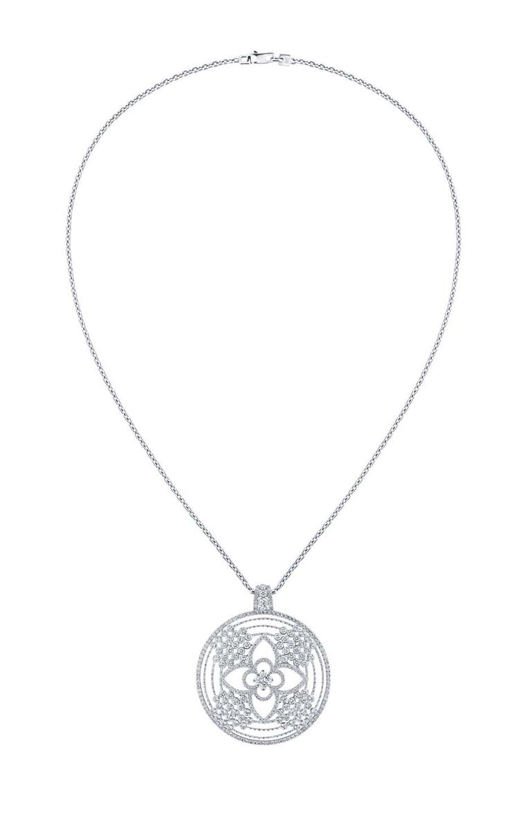 Louis Vuitton Monogram Fusion medallion-style diamond pendant necklace in white gold, with a star-cut diamond at the centre.