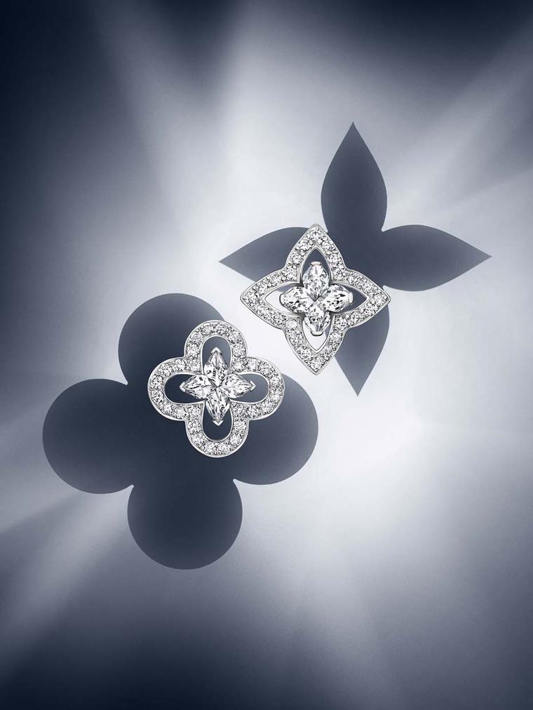 The new Monogram Fusion collection of Louis Vuitton jewellery highlights the attraction of opposites, with the star and the flower fusing together to form a glittering pattern of shimmering diamonds.