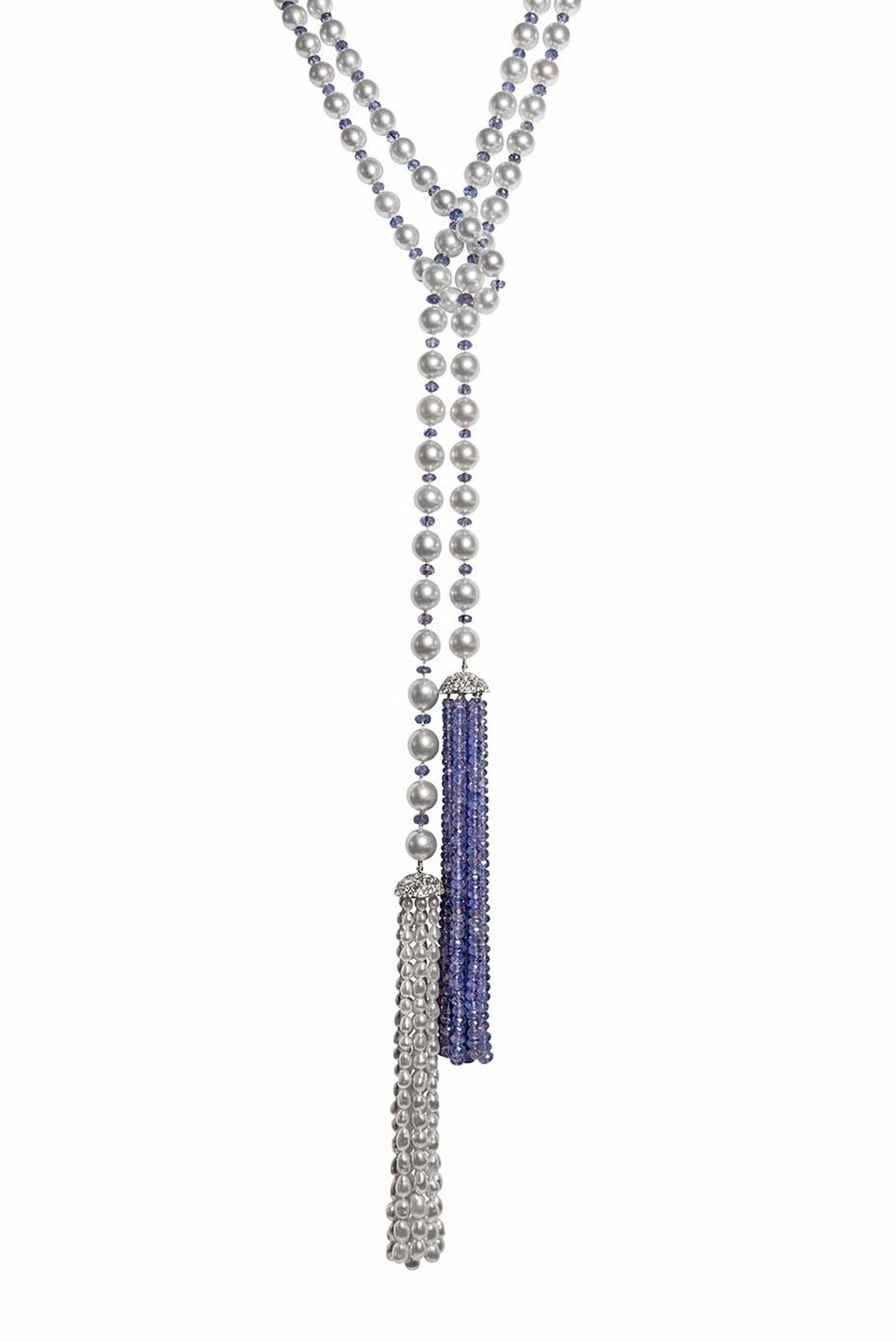 Autore Gatsby lariat/necklace with South Sea pearls and tanzanite briolette tassels.