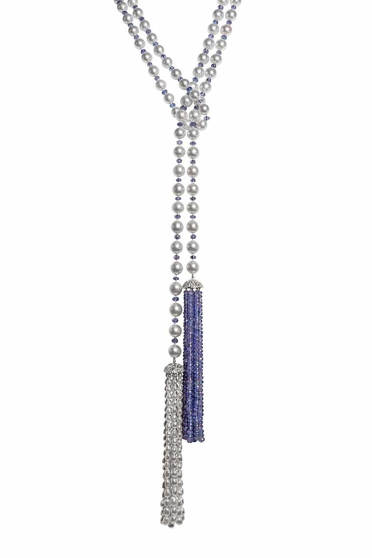 Autore Gatsby lariat/necklace with South Sea pearls and tanzanite briolette tassels.