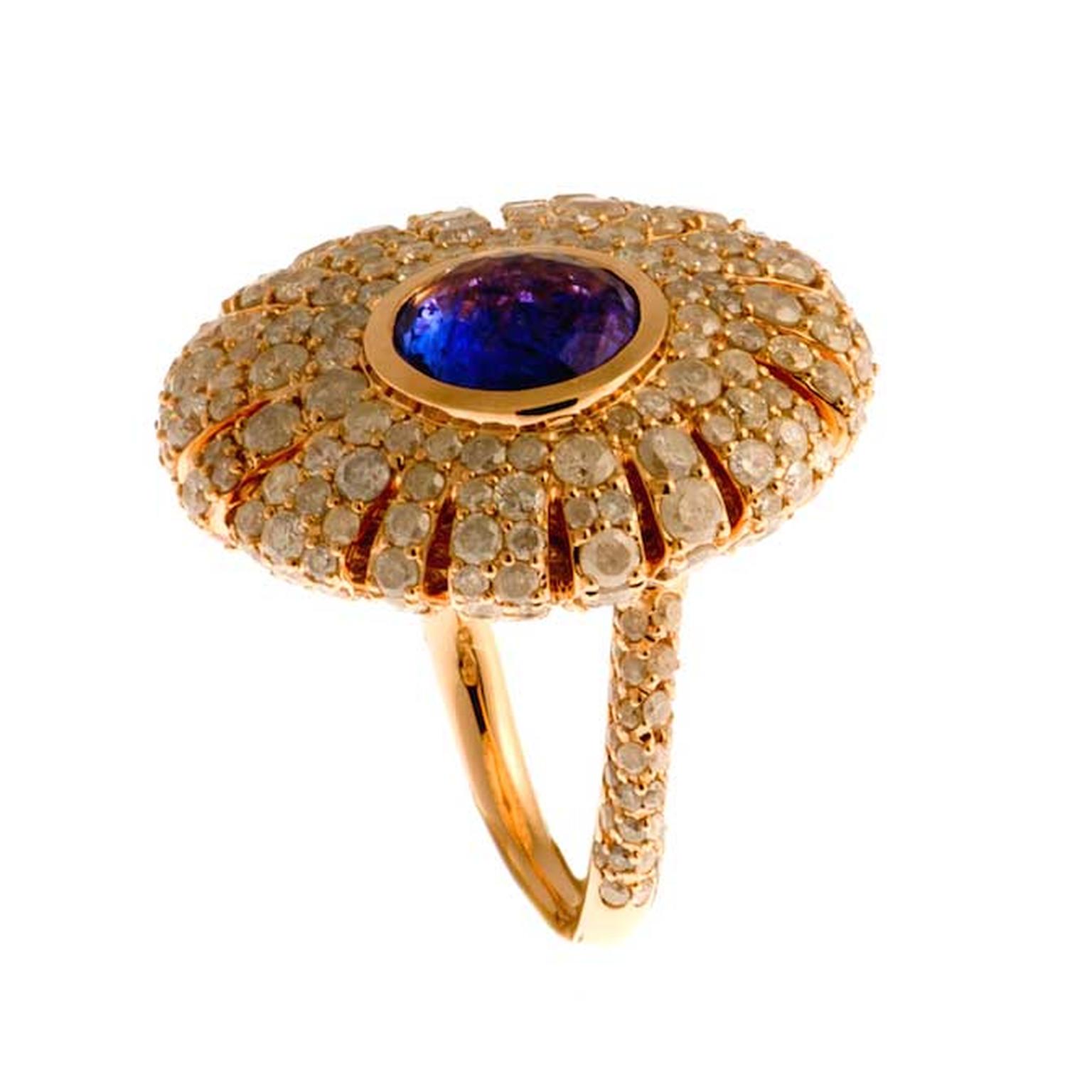 Rodney Rayner Sea Urchin tanzanite ring in pink gold with icy diamonds.