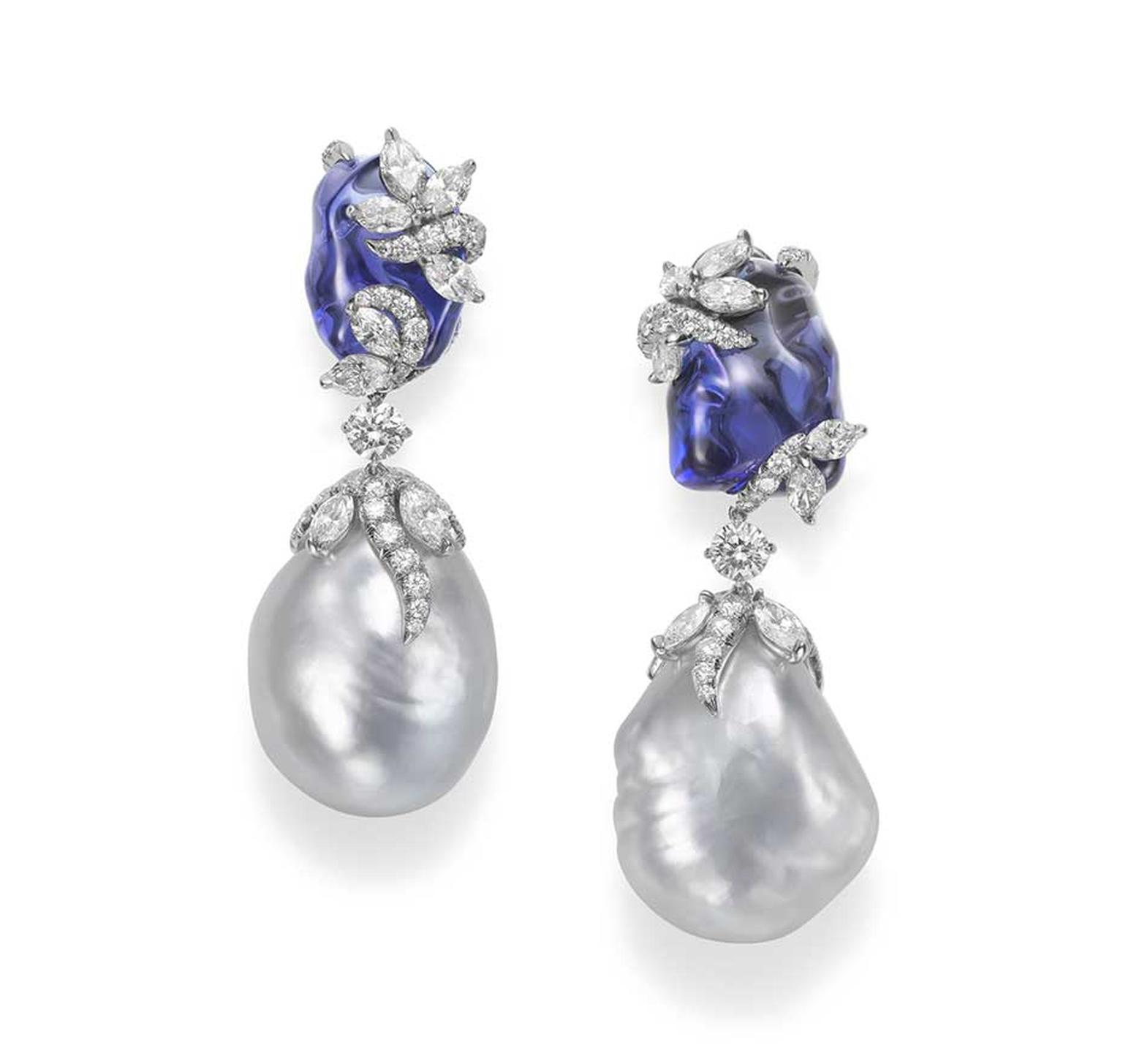 Mikimoto Hyacinthia earrings with baroque South Sea cultured pearls, tumbled tanzanites and diamonds.