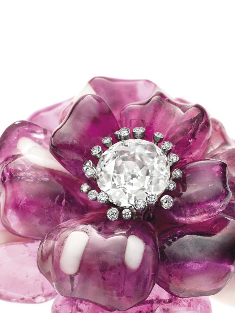 This tourmaline and agate camellia brooch - one of a pair - is among JAR's earliest works and dates back to 1985. The brooches attracted fierce bidding from international collectors at Christie's Magnificent Jewels Sale in Geneva on 13 May.