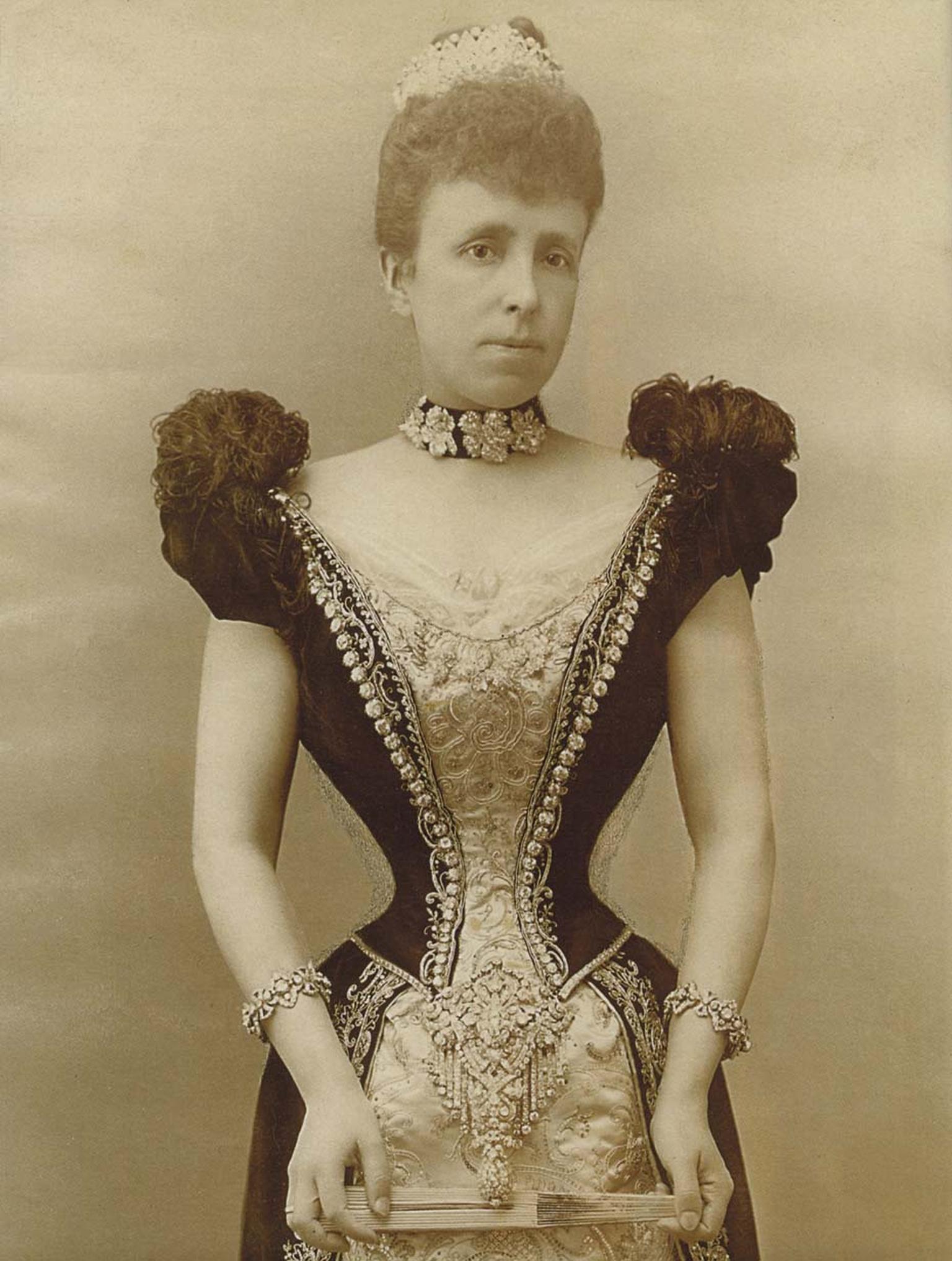The Archduchess Maria Christina of Austria pictured in 1879 wearing the Maria Christina Royal Devant-de-Corsage diamond brooch, which was given to her as a wedding present by King Alfonso XII of Spain.