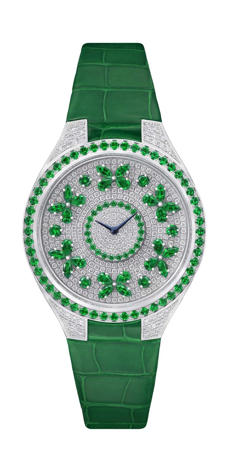 The Disco Butterfly from Graff watches, the newest member of Graff's Butterfly collection, features six rotating emerald butterflies on a gorgeous pavé dial. All three Disco models come with a Swiss quartz movement and matching crocodile straps.