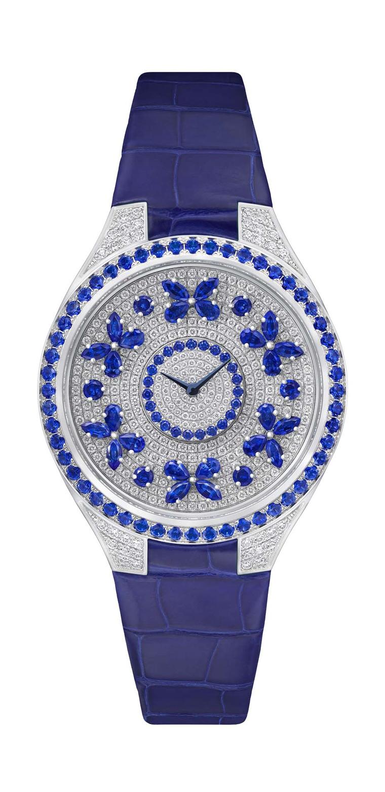 Butterflies have flown back into Graff's universe, winging their way around the dial of these ladies' watches. This Graff Disco Butterfly watch comes in a 38mm white gold case and features a pavé dial and lugs with sapphire butterflies and bezel.