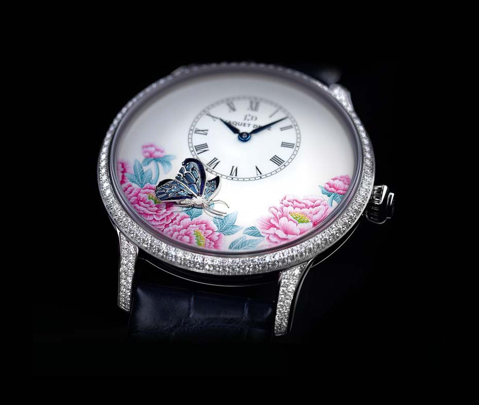 The Jaquet Droz watches in The Butterfly Journey collection are housed in Petite Heure Minute models. The enamelled wings of the butterfly and the realistic rendering of its sculpted body are frozen for eternity on the dial protected by a white gold case 