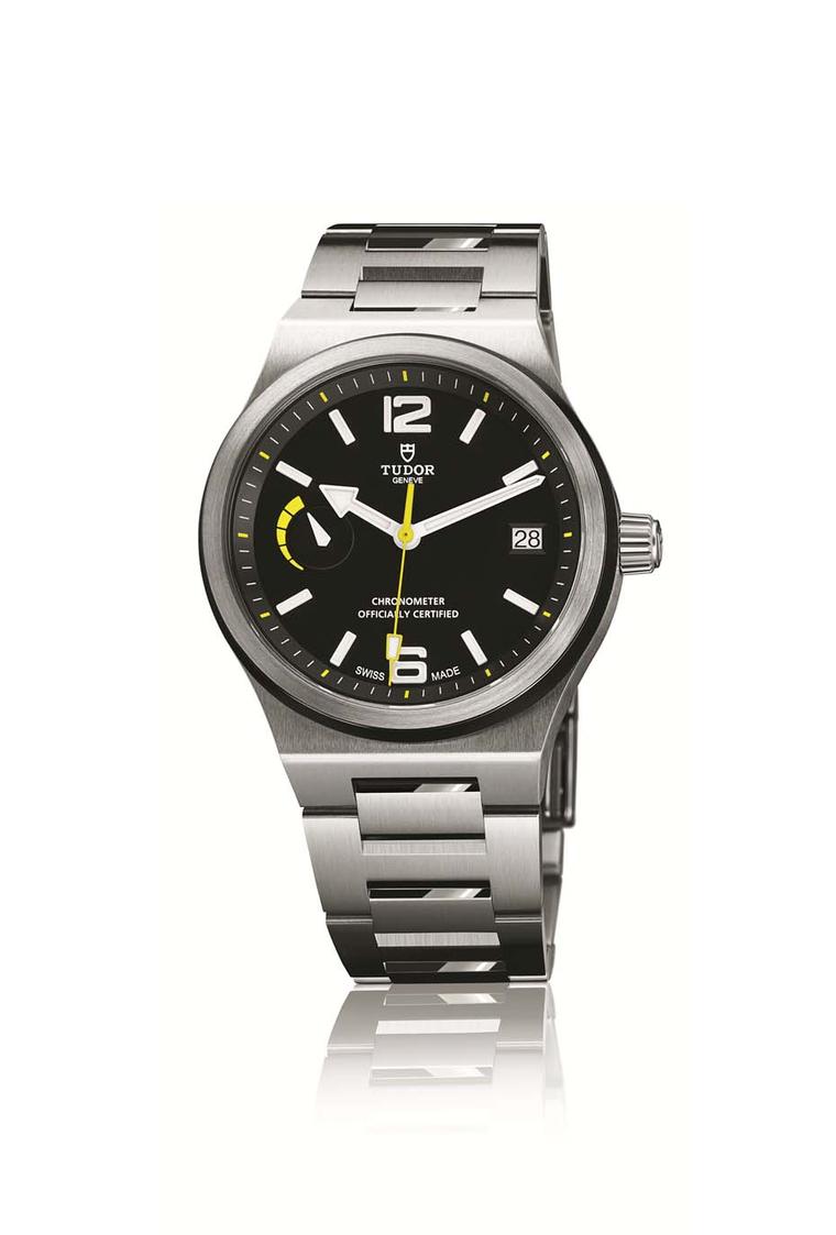 The new Tudor North Flag watch comes in a 40mm hybrid steel and black ceramic case. The matte black dial and contrasting white luminescent indices, numerals and hands enhance the legibility of the functions (£2,500).