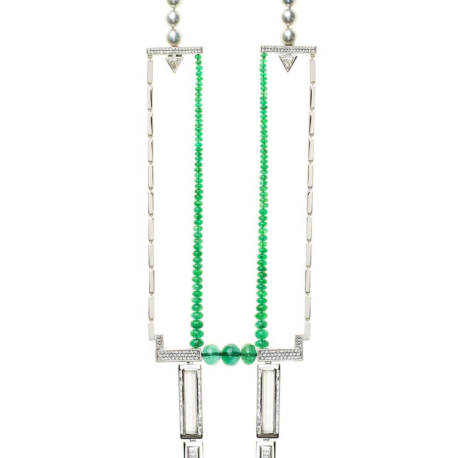 With obvious art deco references, the graduated emerald beads in Nikos Koulis's new Line necklace perfectly encapsulate the intricate craftsmanship and quality of gems used throughout the new Universe line.