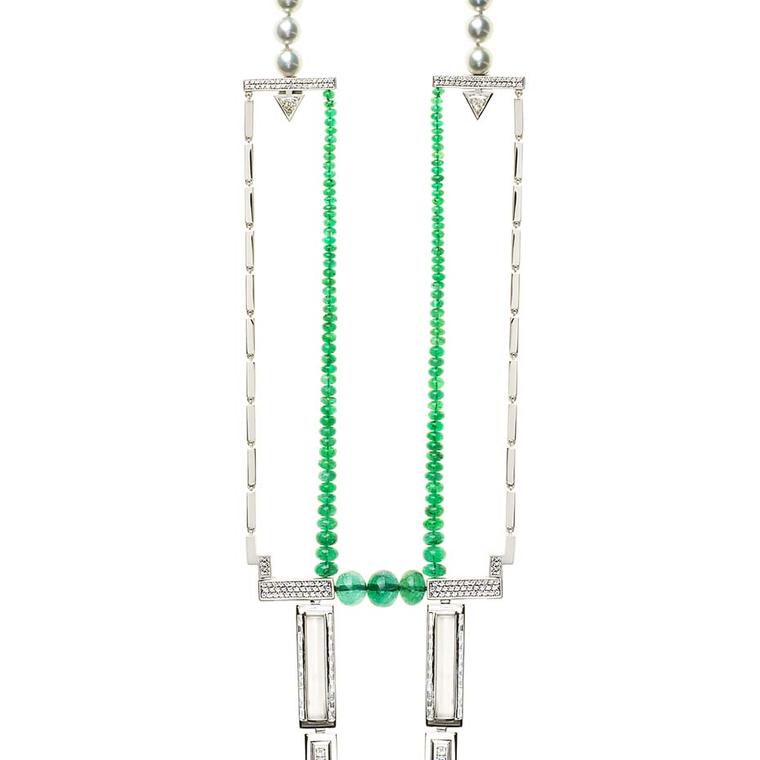 With obvious art deco references, the graduated emerald beads in Nikos Koulis's new Line necklace perfectly encapsulate the intricate craftsmanship and quality of gems used throughout the new Universe line.