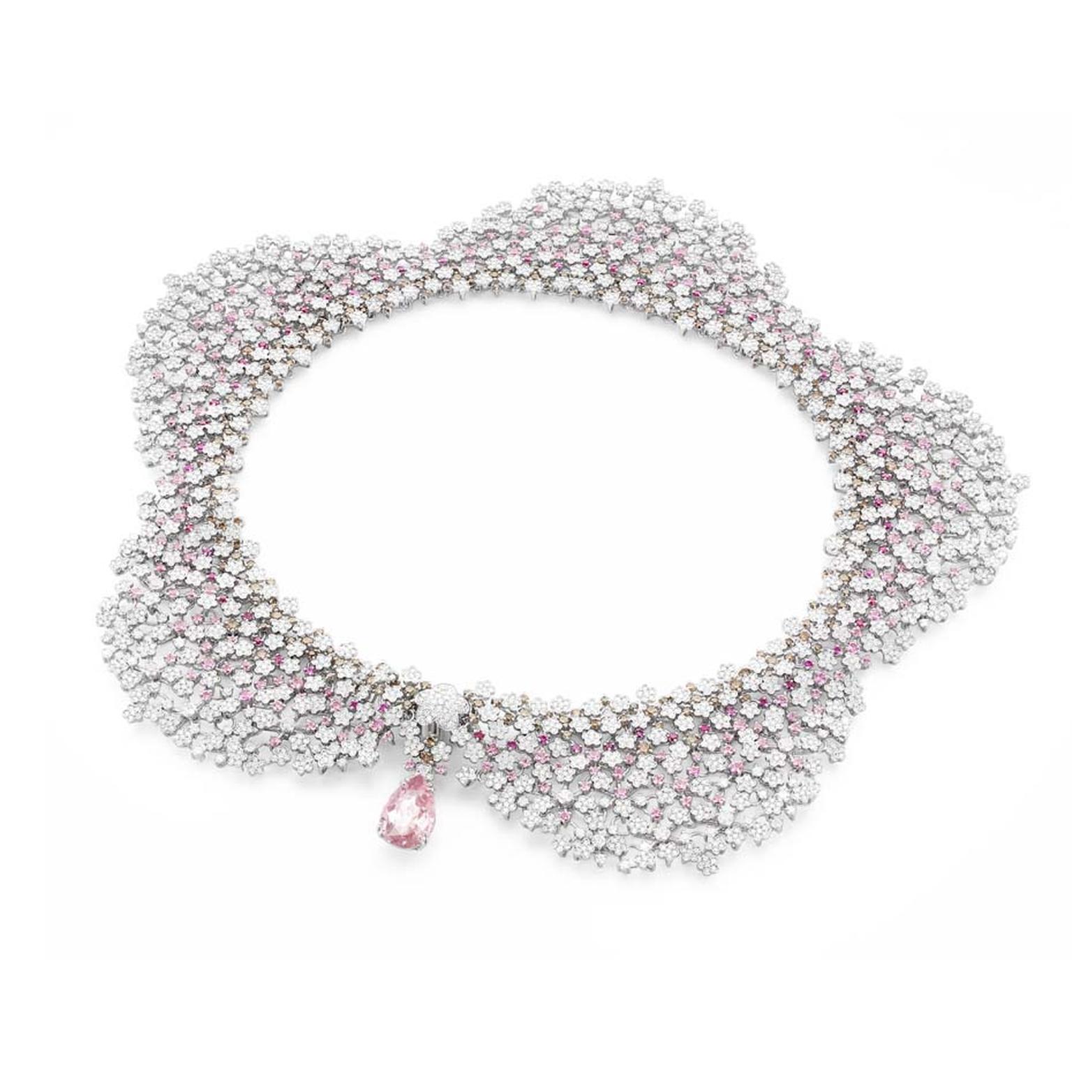 Pasquale Bruni Fiori in Fiore statement necklace, set with 258 pink sapphires that magically blend in among the 3,421 diamonds in white gold.