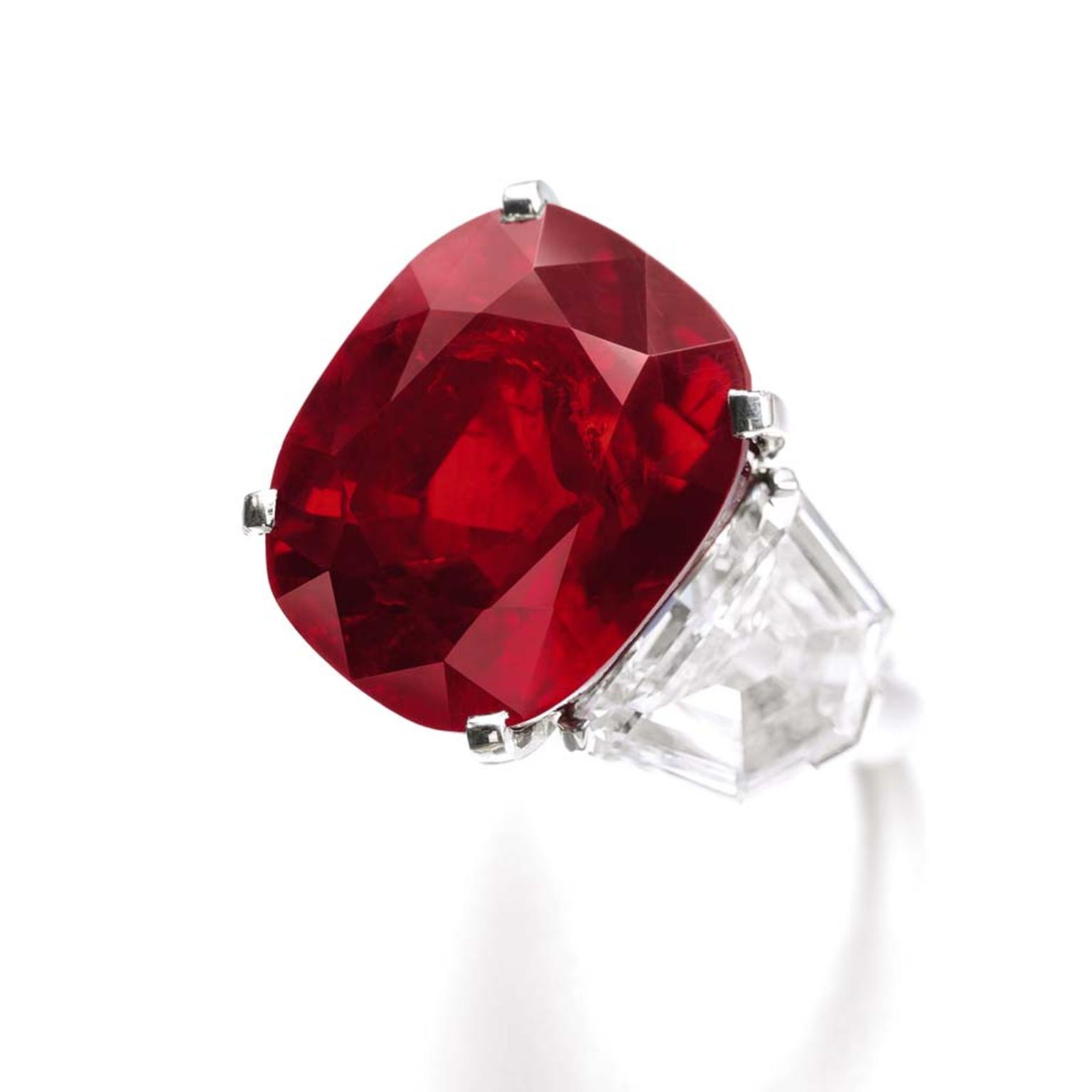 Named in reference to the poem of the same name, The Sunrise Ruby, a extraordinary cushion-shaped 25.59ct Burmese ruby, was mounted as a ring by Cartier and is describes as a unique treasure of nature.