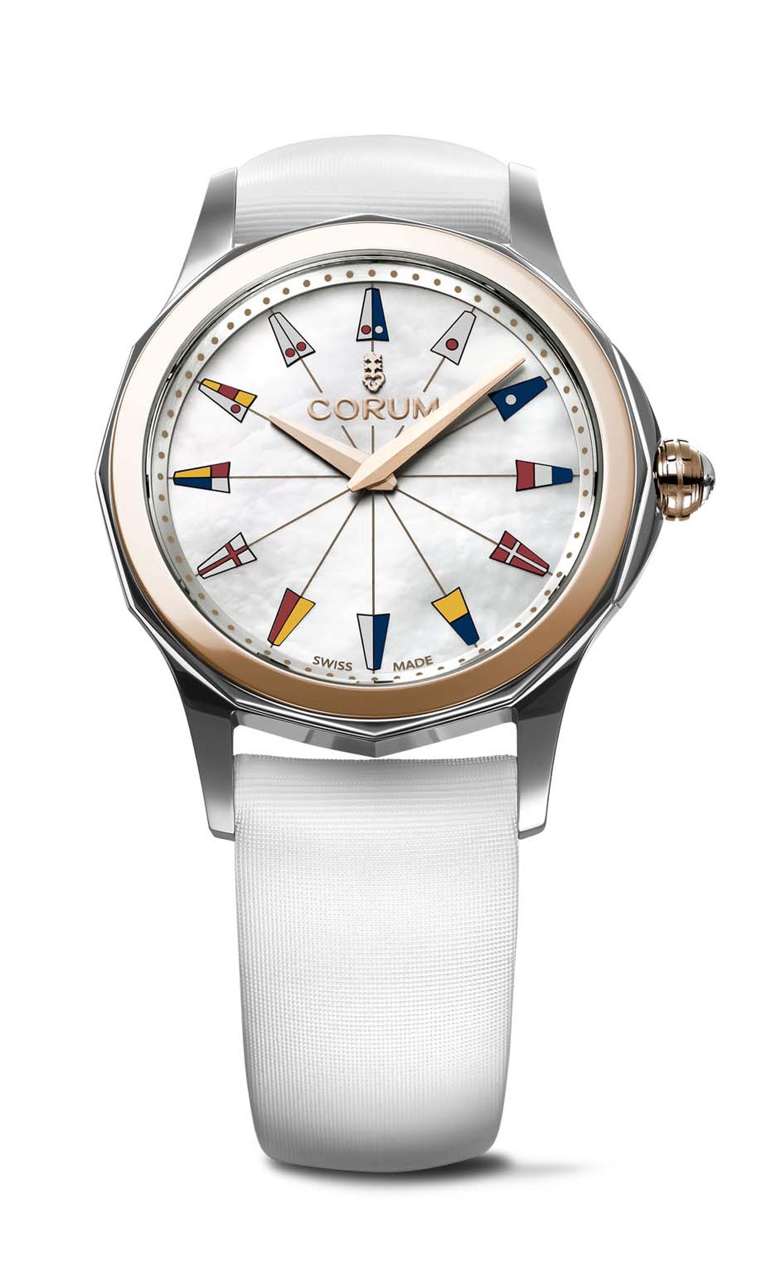 Corum watches Admiral's Cup Legend Lady 32mm displays the unmistakable profile of the iconic Admiral's Cup watch. In addition to the feminine mother-of-pearl dial and gold bezel, the ladies' watch comes on a white satin strap and keeps time with a carefre
