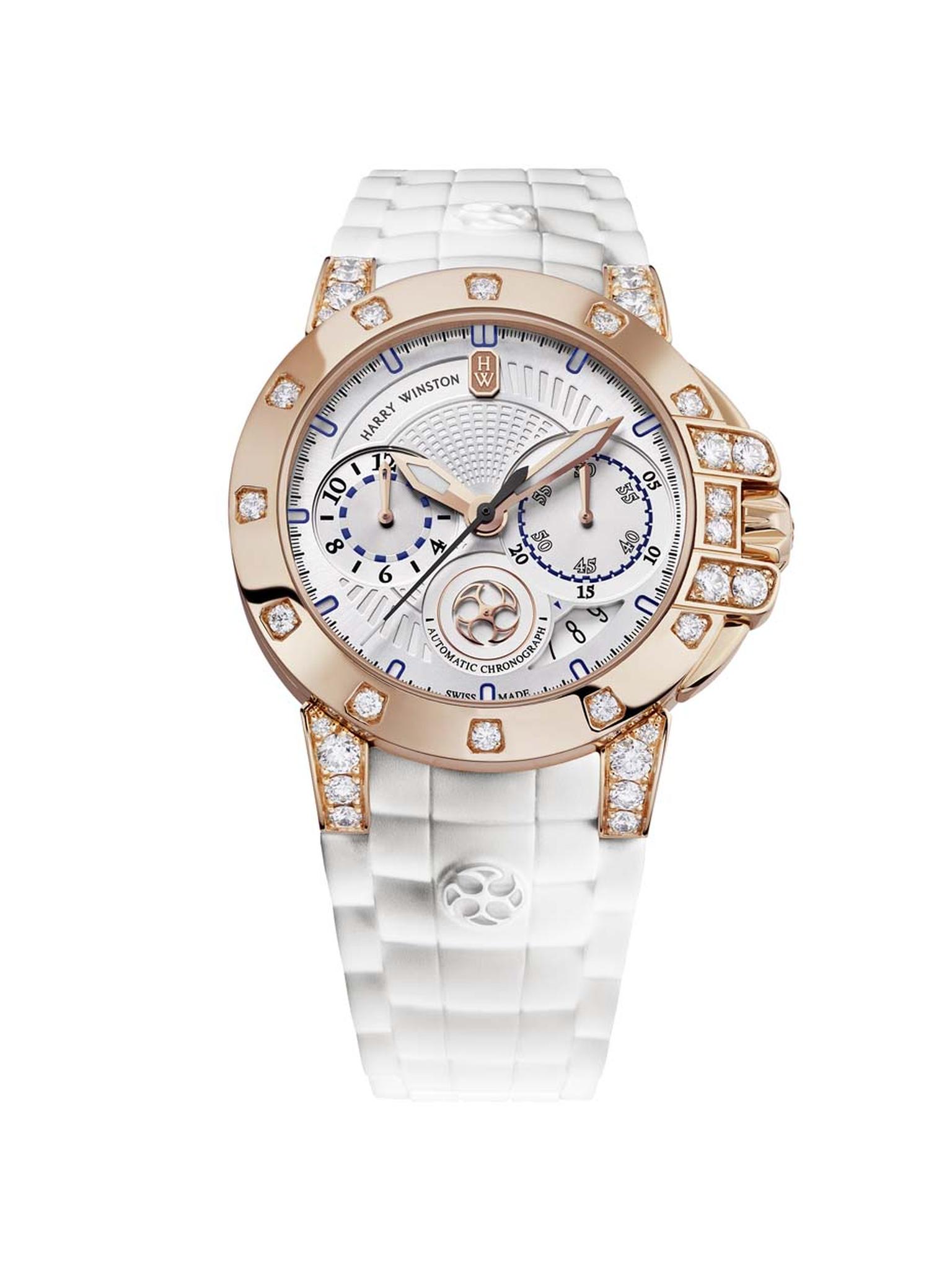Harry Winston watches Ocean Chronograph Automatic 36mm for ladies marries a sophisticated sporty chronograph movement with luxurious aesthetics and a liberal sprinkling of the house speciality: diamonds.