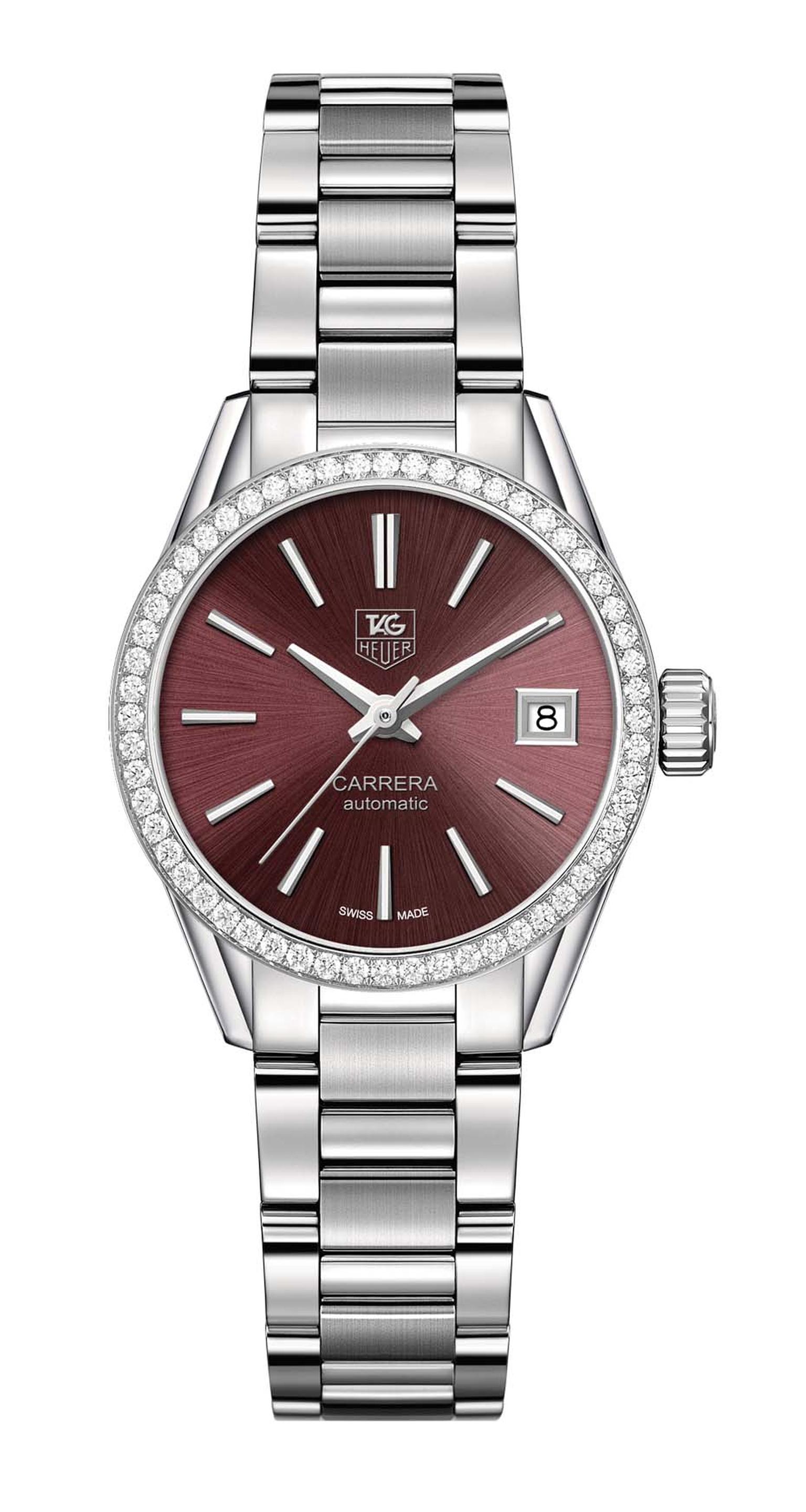 TAG Heuer watches Carrera 28mm Calibre 9 for ladies with a purple dial and 56 diamonds on the bezel.