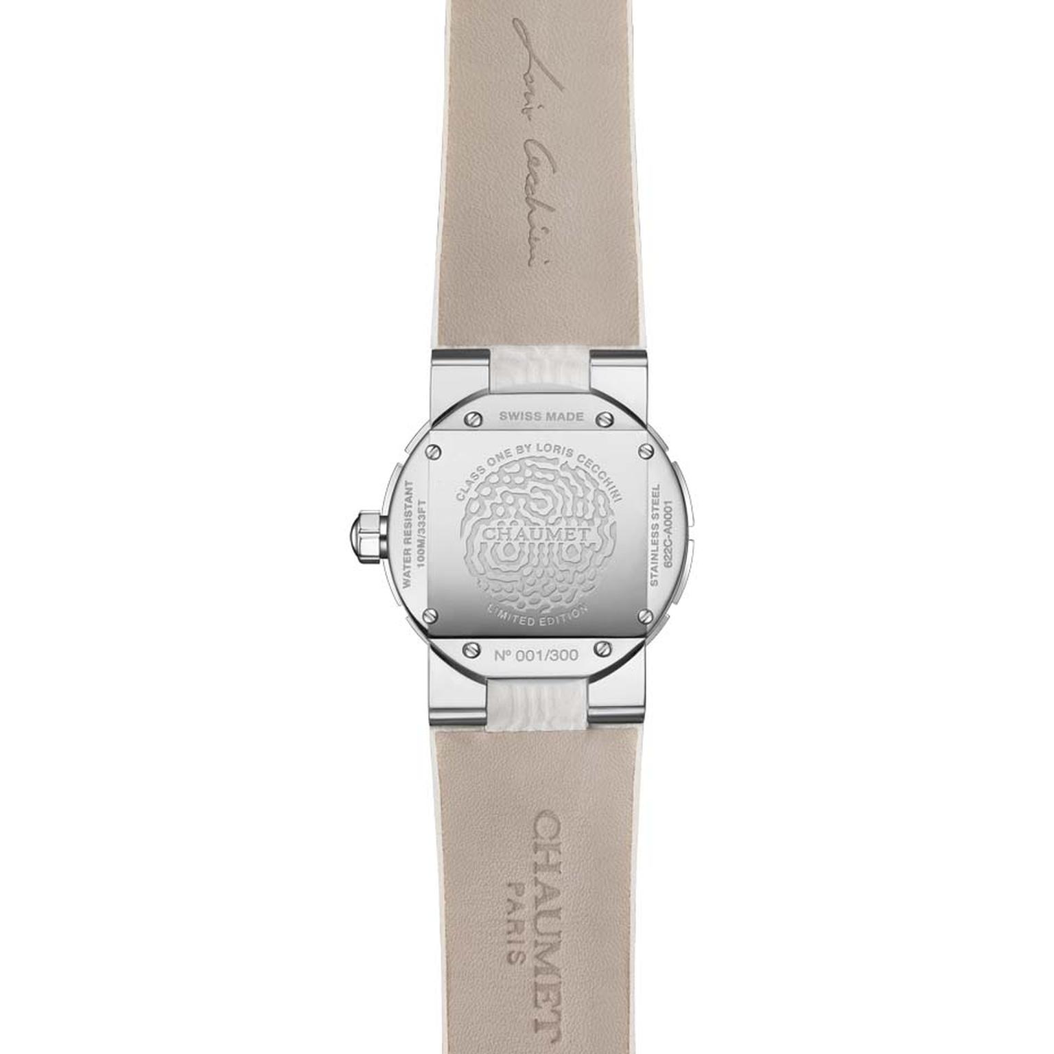 The 33mm stainless steel case has been etched with Loris Cecchini’s water vibration pattern on the reverse of each of the limited-edition Chaumet Class One ladies' watches.