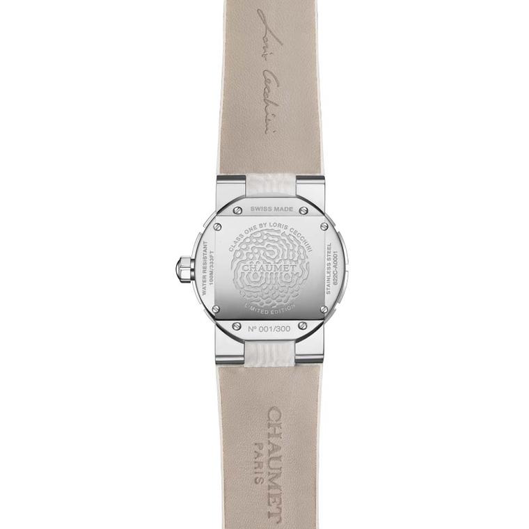 The 33mm stainless steel case has been etched with Loris Cecchini’s water vibration pattern on the reverse of each of the limited-edition Chaumet Class One ladies' watches.