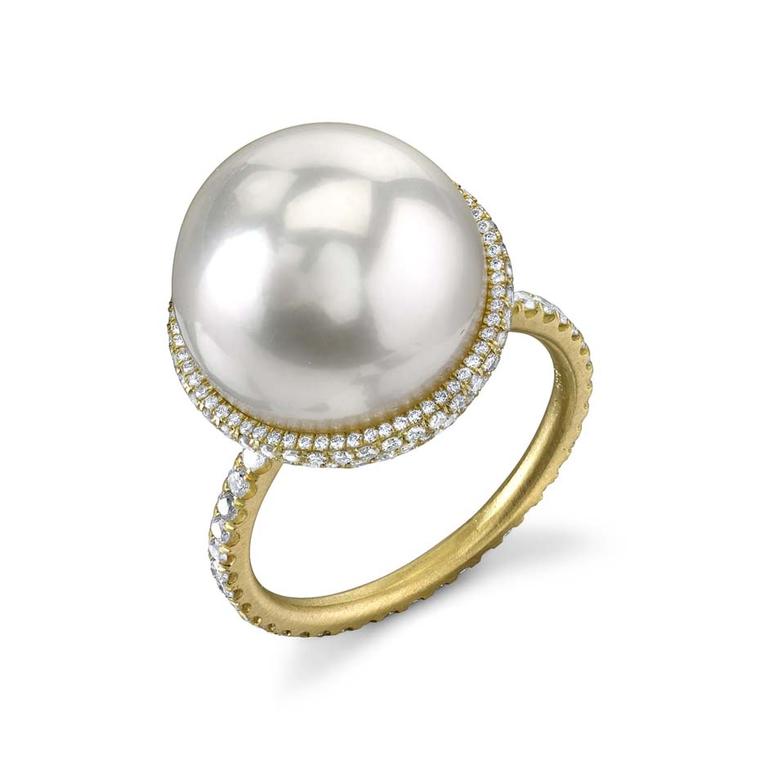 Irene Neuwirth's one-of-a-kind pearl ring in yellow gold is the perfect alternative engagement ring, featuring a large South Sea pearl and diamond pavé.