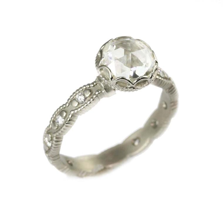 Megan Thorne engagement ring in white gold, set with a rose-cut diamond, with a scalloped bezel.