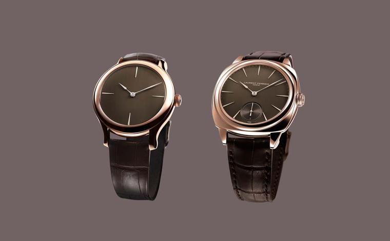 Laurent Ferrier watches are celebrating five years of watchmaking success. Monsieur Ferrier decided to celebrate with a special treat in the form of delectable chocolate dials on four of his exclusive movements. On the left is the 39mm Galet Micro-Rotor a